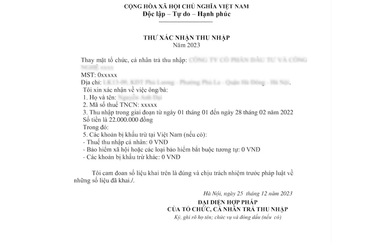 Mẫu xác nhận thu nhập cá nhân